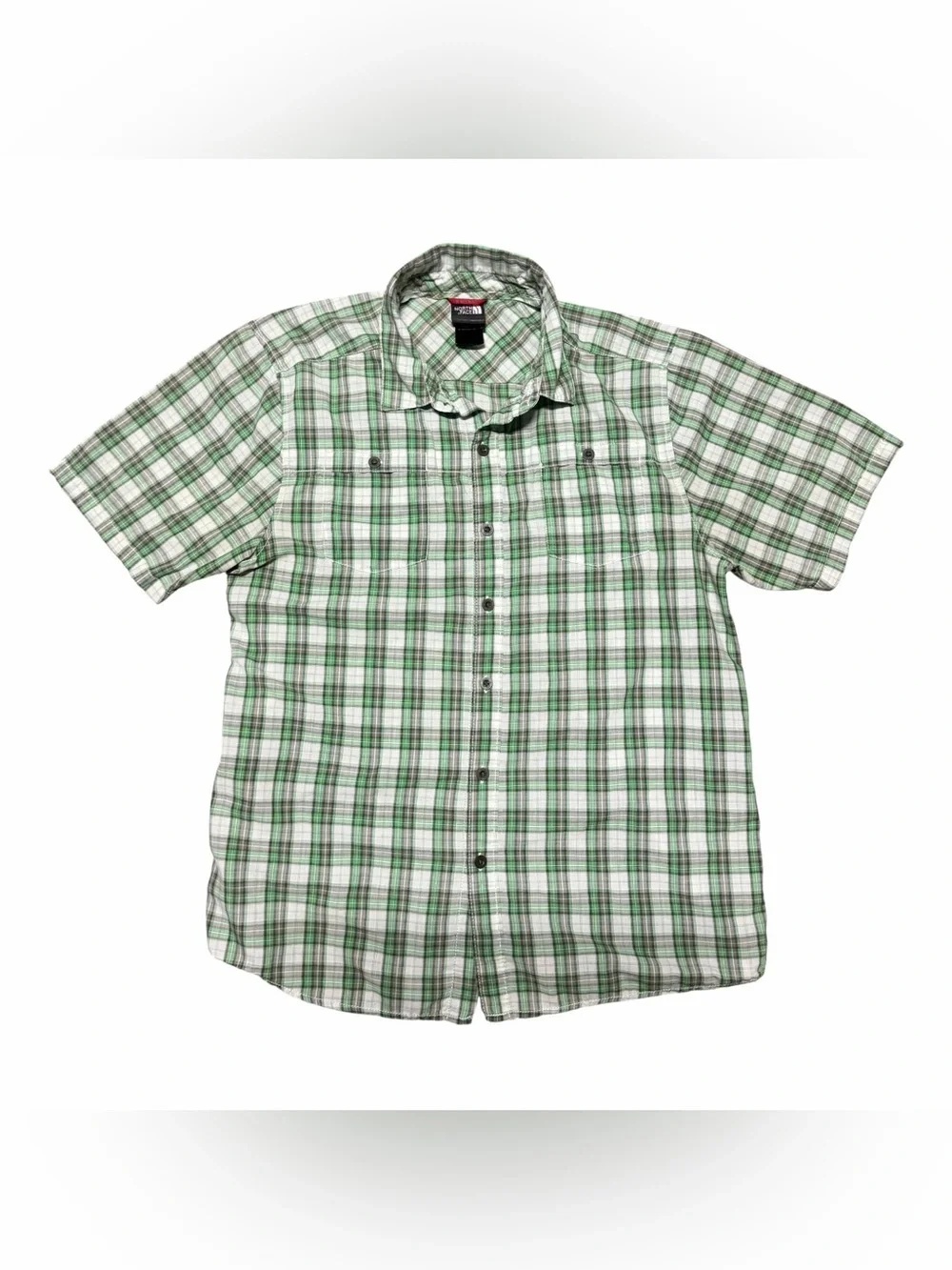 The North Face Green and White Plaid Short-Sleeve Button-Up Shirt